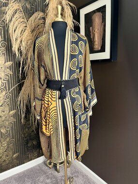 india ella silk gold black Print Light Kimono Duster